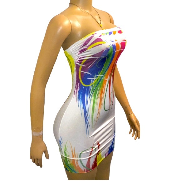 Y2K Flamingo USA Tube Dress Mini Strapless white multicolor Abstract Size S - Picture 3 of 11